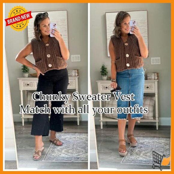 Sleeveless Sweater Vest Cropped Cable Knit Button Front Loose Fit - Picture 6 of 8